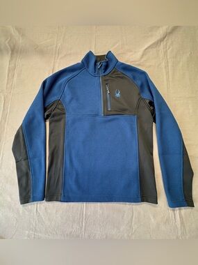 SPYDER Men Sweater Pullover Size Medium 1/4 Quarter Zip Blue Black Mock Neck G13